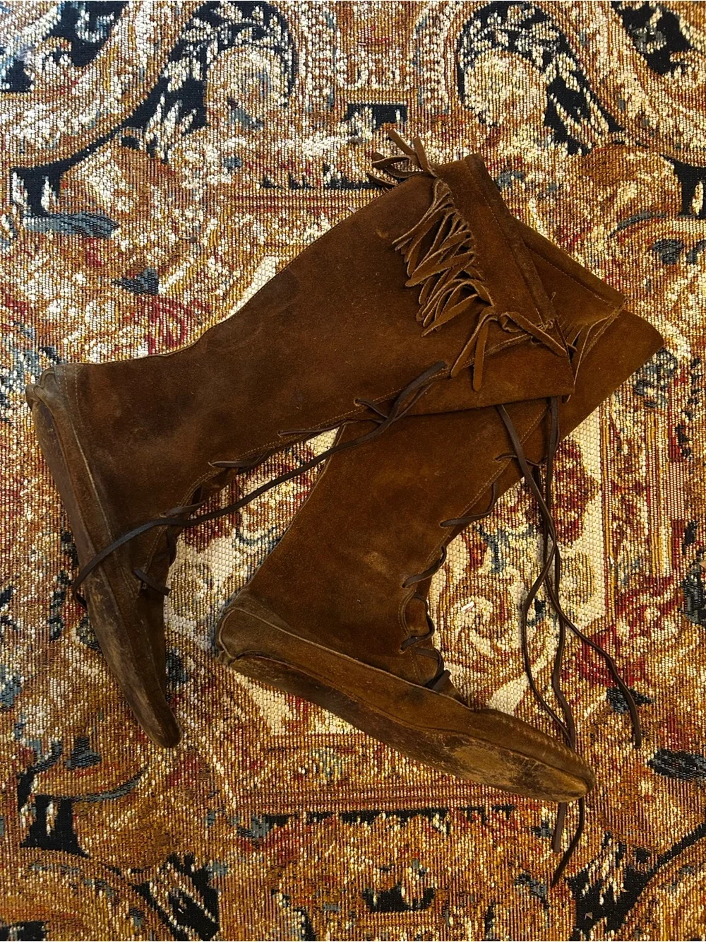 Vintage 70s Brown Suede Leather Lace-Up Fringe Knee-High Moccasins Boots